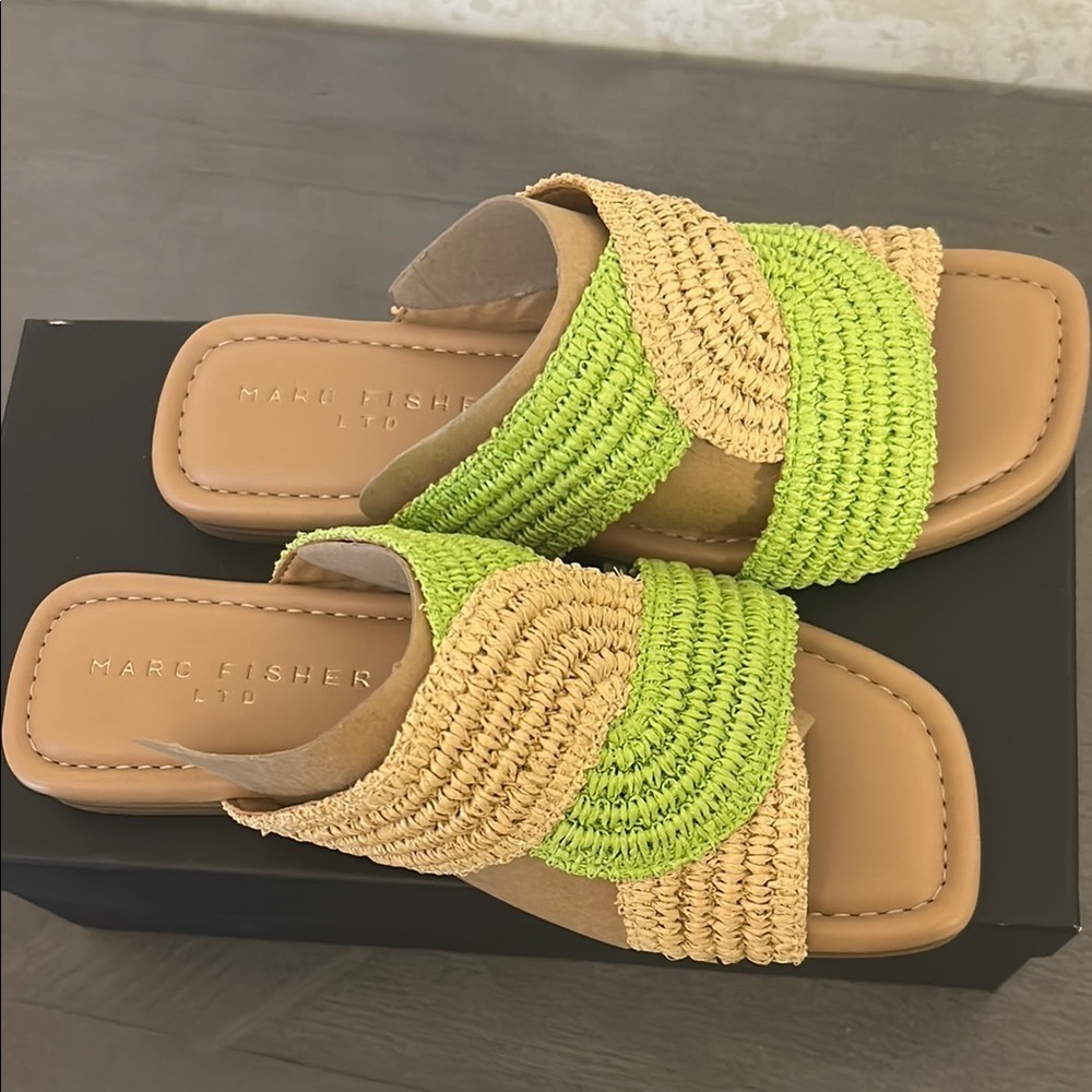 Marc Fisher Green and Tan Woven Slide Sandals